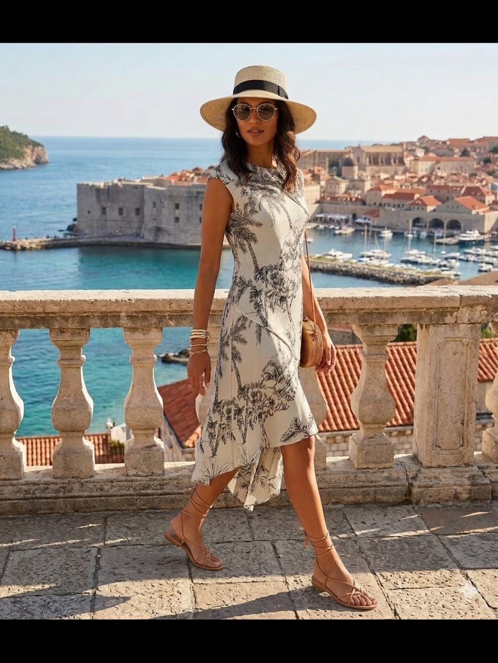 Antonio Melani Tessa Toile Palm Tree High-Low Asymmetric Midi Dress Size 2 - Picture 2 of 11
